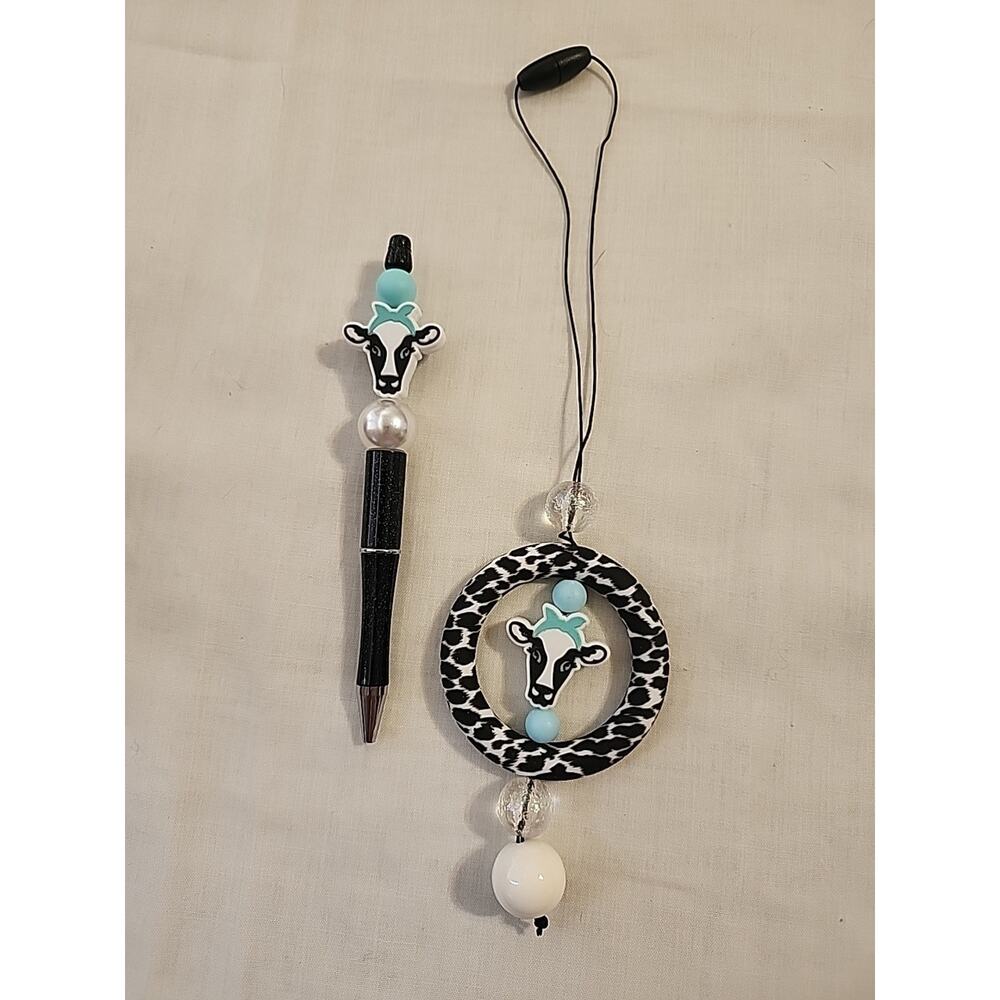 Car Charm For Rear View & Bed Pen Combo Cow Print Black & White Blue